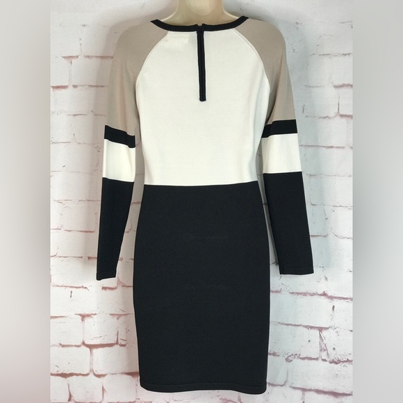 CALVIN KLEIN M Petite Colorblock Knit Long Sleeve Dress Black Taupe Cream MP - Picture 14 of 16